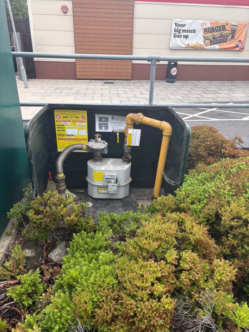 Incoming commercial gas supply, commercial catering gas work at a Burger King site in Sheffield