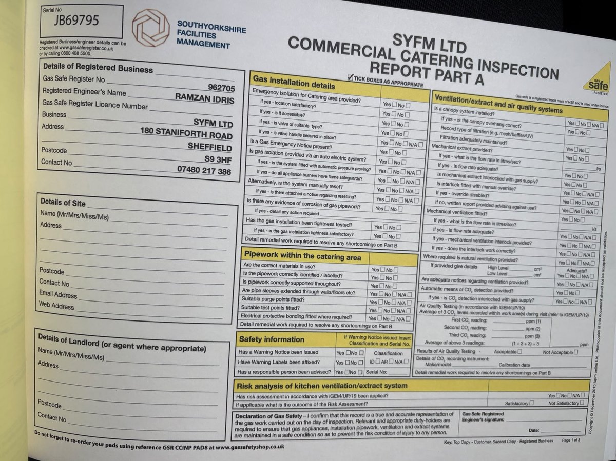 South Yorkshire Facilities Management commercial catering gas inspection report